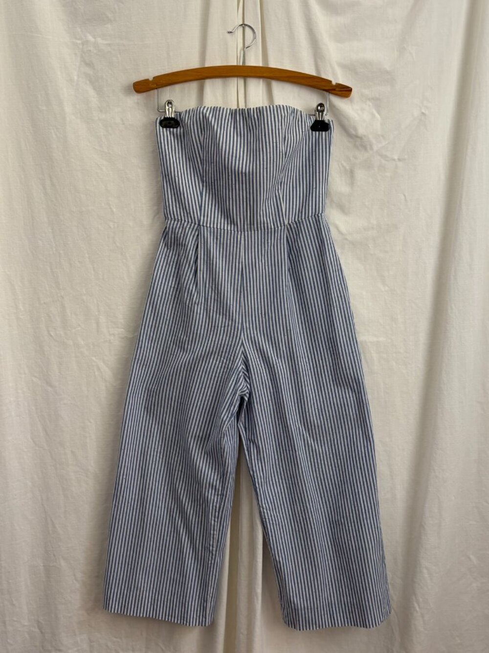 Club Monaco Blue White Striped Strapless Jumpsuit Wide Leg Cotton Size 0 Summer - Picture 2 of 9